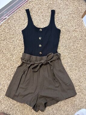 Black Ribbed Button Tank with Olive Tie-Waist Shorts